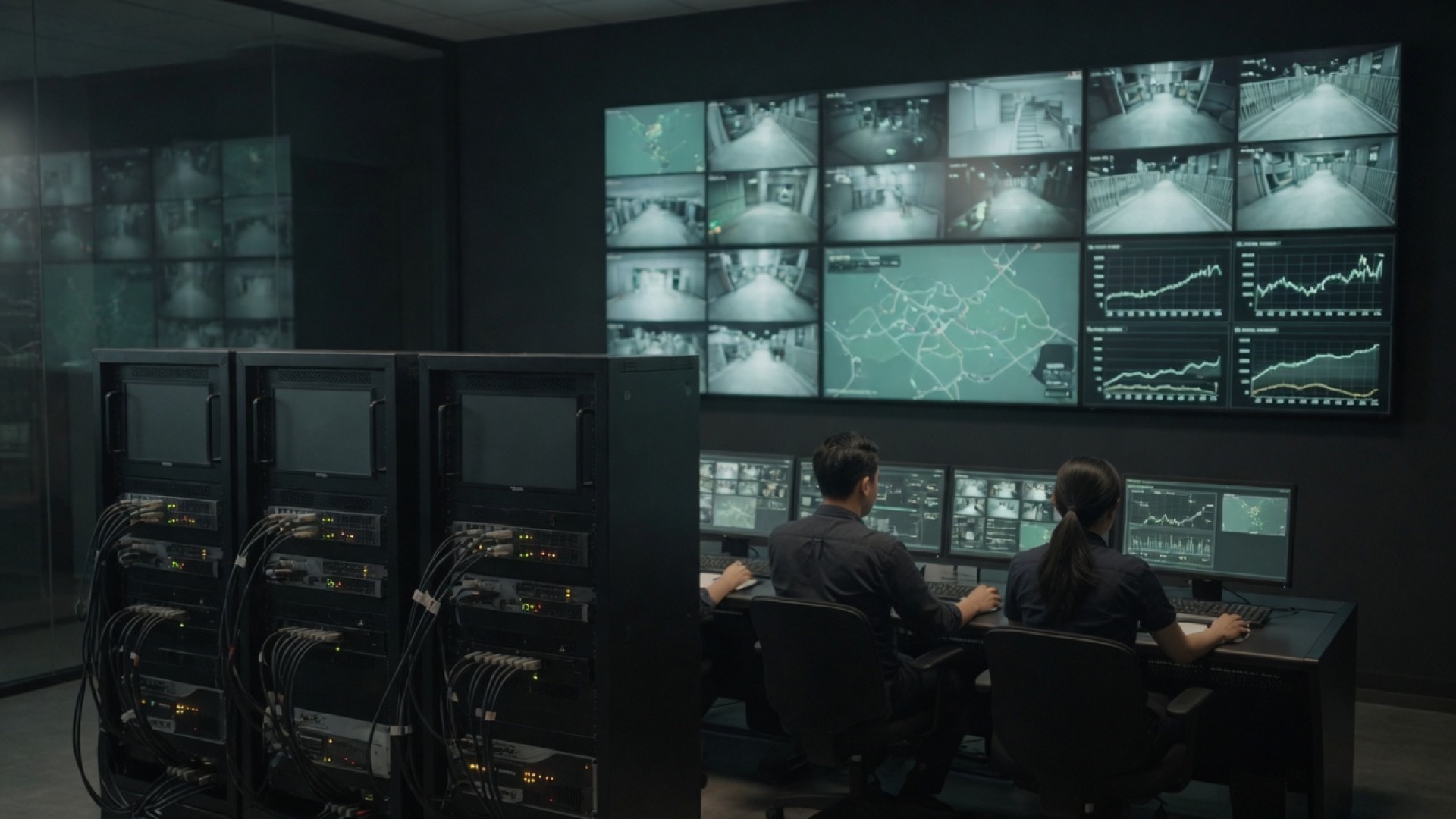 Command room with video wall and equipment racks
