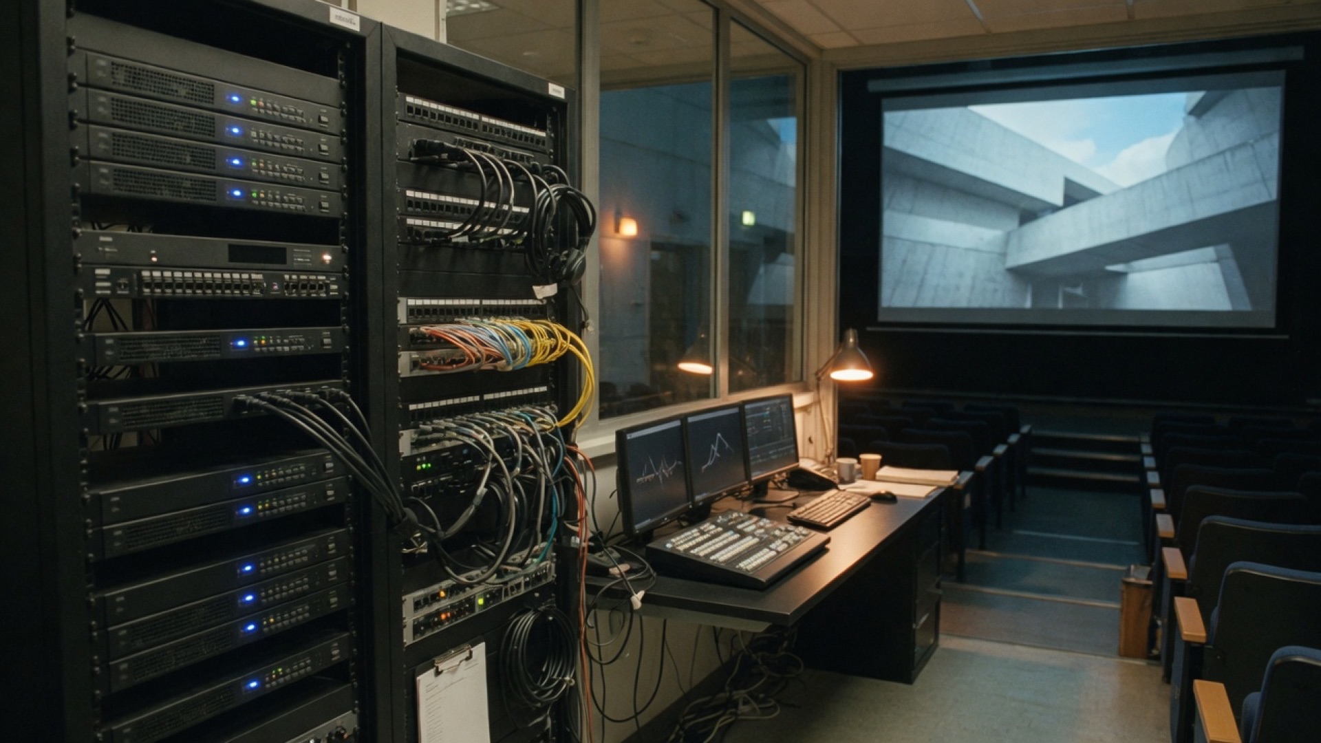 University lecture hall with AV rack and projection