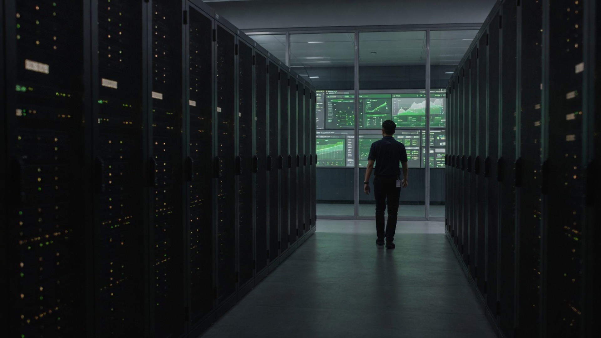 Dark data center aisle facing a monitoring wall